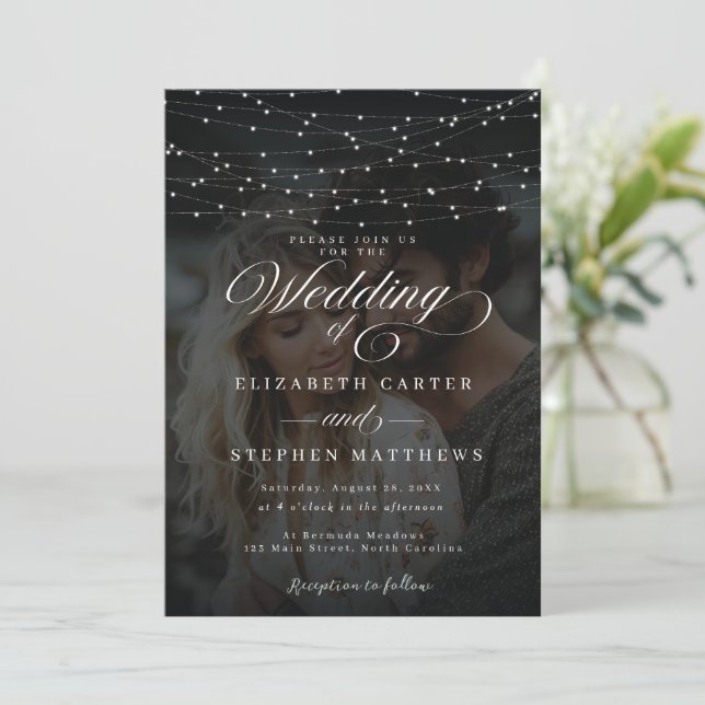 Whimsical Fairy Light Night Photo Wedding Invitation (Standing Front)