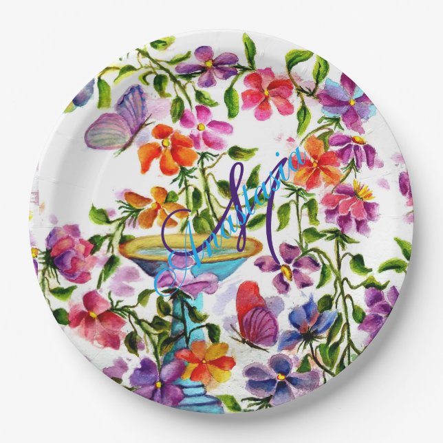 WHIMSICAL FAIRY-LIKE BIRD BATH MONOGRAM PARTY PAPER PLATES (Front)