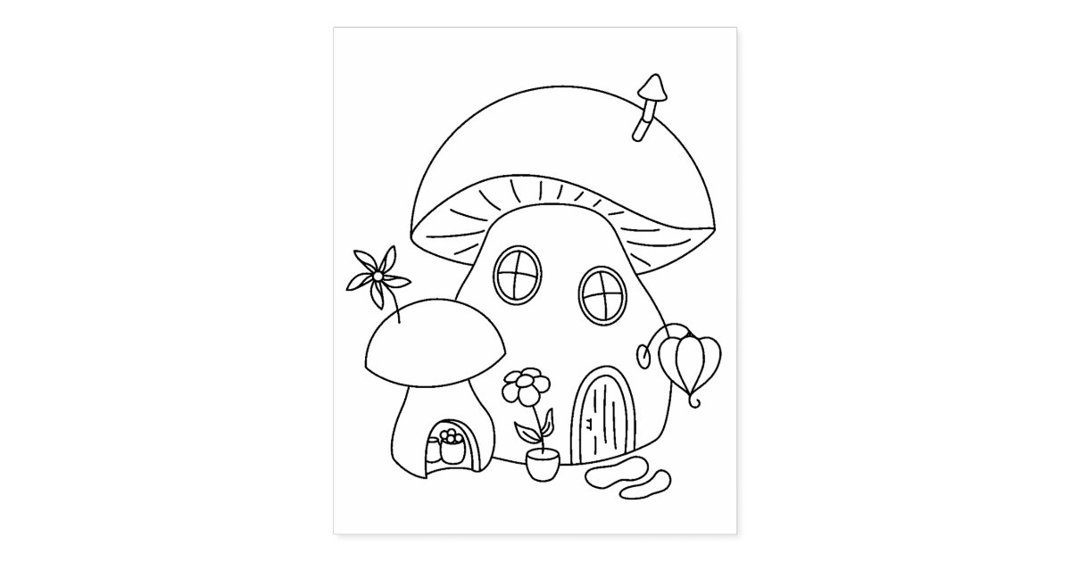 Whimsical Fairy Mushroom Coloring Page Rubber Stamp Zazzle Com