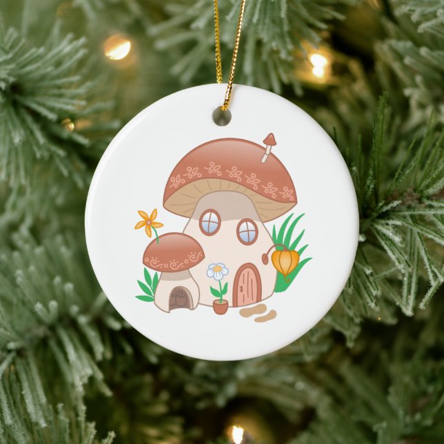 Whimsical Fairy Mushroom House Ceramic Ornament (Tree)