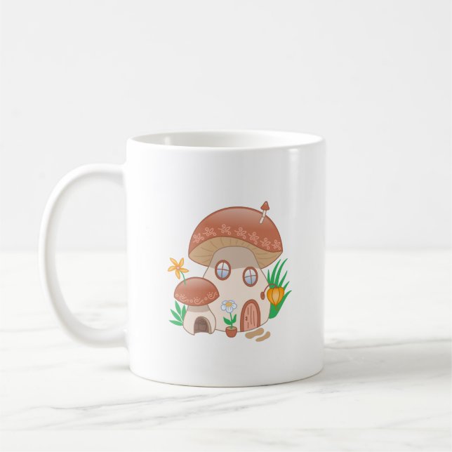 Whimsical Fairy Mushroom House Coffee Mug (Left)