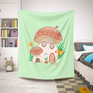 Whimsical Fairy Mushroom House Green Sherpa Blanket