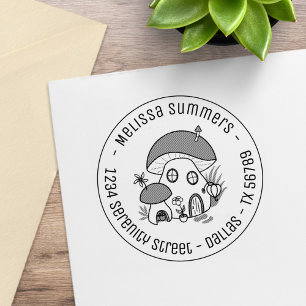 Whimsical Fairy Mushroom House Round Address Rubber Stamp