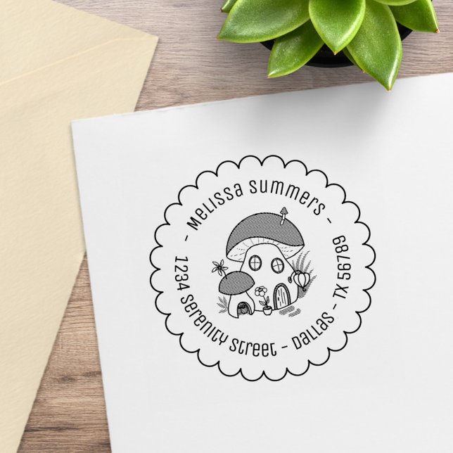 Whimsical Fairy Mushroom House Scalloped Address Rubber Stamp (Creator Uploaded)
