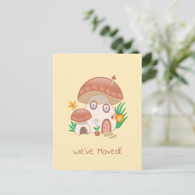 Whimsical Fairy Mushroom House We Moved Yellow Announcement Postcard (Standing Front)