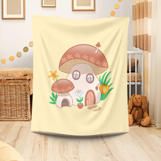 Whimsical Fairy Mushroom House Yellow Fleece Blanket (Creator Uploaded)