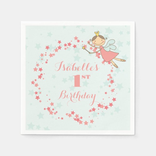 Whimsical Fairy Princess Girl 1st Birthday Party Paper Napkins (Front)