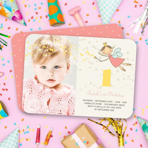 Whimsical Fairy Princess Girl 1st Birthday Photo Invitation