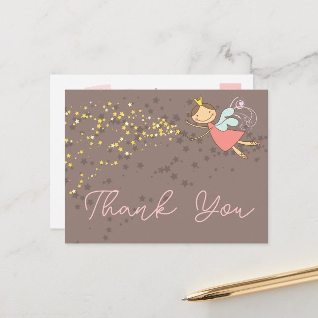 Whimsical Fairy Princess Girl Birthday Thank You Postcard (Front/Back In Situ)