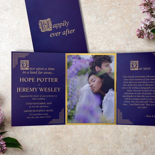 Whimsical Fairy Tale Book Gold Purple Velvet Tri_Fold Invitation