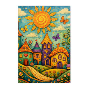 Whimsical Fairy Tale Village Colorful Canvas Art