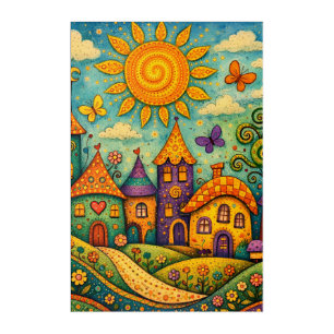 Whimsical Fairy Tale Village Colorful Canvas Art