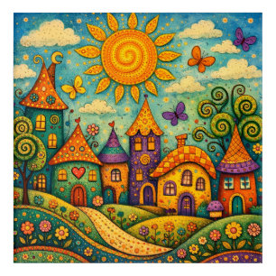 Whimsical Fairy Tale Village Colorful Canvas Art