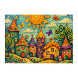 Whimsical Fairy Tale Village Colorful Canvas Art