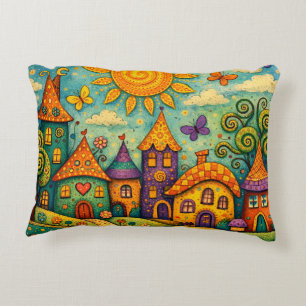 Whimsical Fairy Tale Village Colorful Canvas Art Accent Pillow