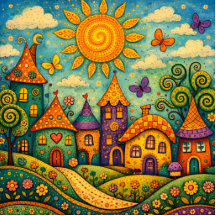 Whimsical Fairy Tale Village Colorful Canvas Art