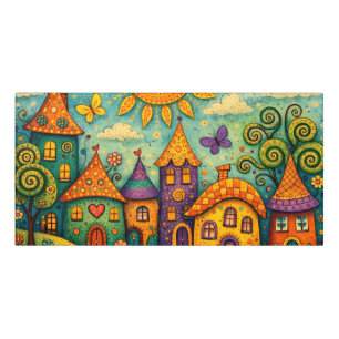 Whimsical Fairy Tale Village Colorful Canvas Art Door Sign