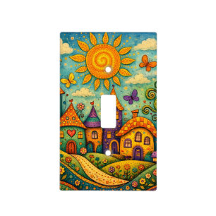Whimsical Fairy Tale Village Colorful Canvas Art Light Switch Cover