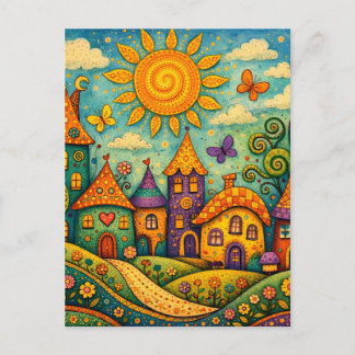 Whimsical Fairy Tale Village Colorful Canvas Art Postcard