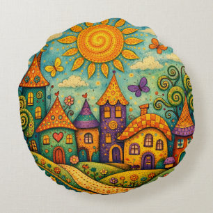 Whimsical Fairy Tale Village Colorful Canvas Art Round Pillow