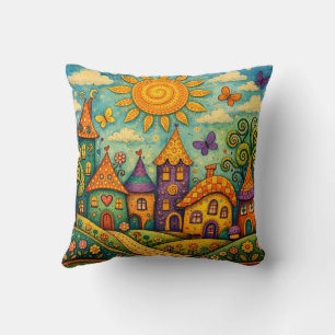 Whimsical Fairy Tale Village Colorful Canvas Art Throw Pillow