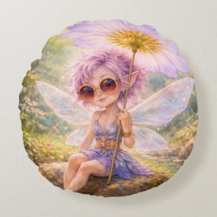 Whimsical Fairy with Dandelion – Dreamy Pastel Round Pillow