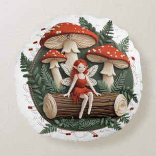 Whimsical Fairy with Mushrooms – Enchanted Forest Round Pillow