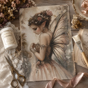 Whimsical Fairy with Pink Roses Decoupage Art Tissue Paper