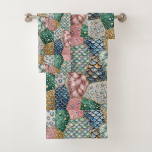 Whimsical Fairytale   Mermaid Unicorn Patchwork Bath Towel Set