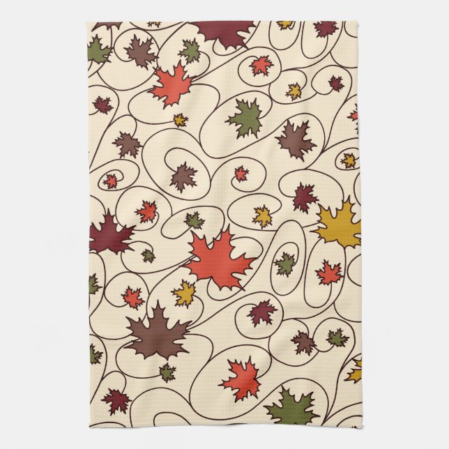Whimsical Fall Curly Maple Leaf Pattern Kitchen Towel (Vertical)