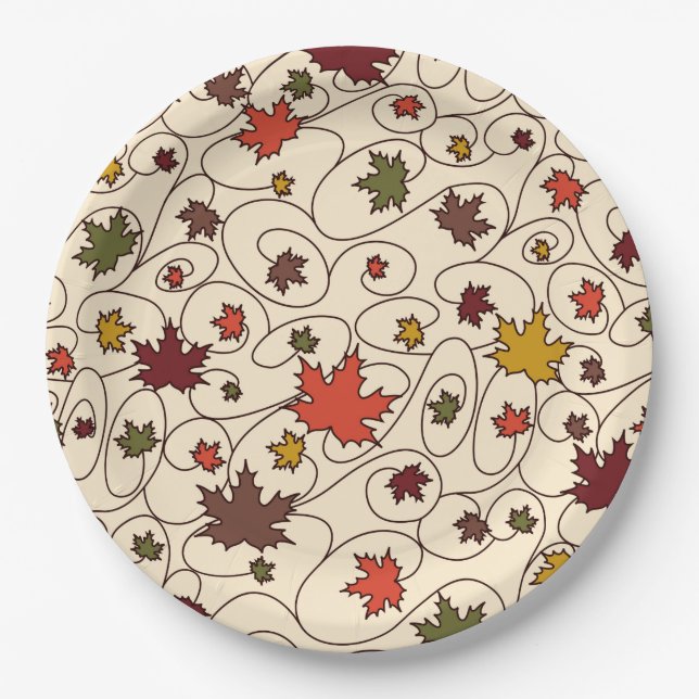Whimsical Fall Curly Maple Leaf Pattern Paper Plates (Front)
