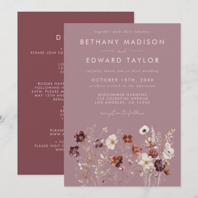 Whimsical Fall Dried Flowers All-In-One Wedding Invitation (Front/Back)