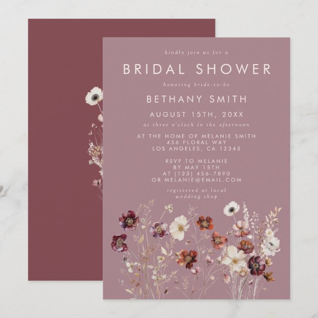 Whimsical Fall Dried Flowers Mauve Bridal Shower Invitation (Front/Back)
