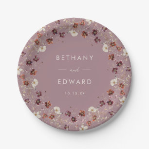 Whimsical Fall Dried Flowers Mauve Wedding Paper Plates