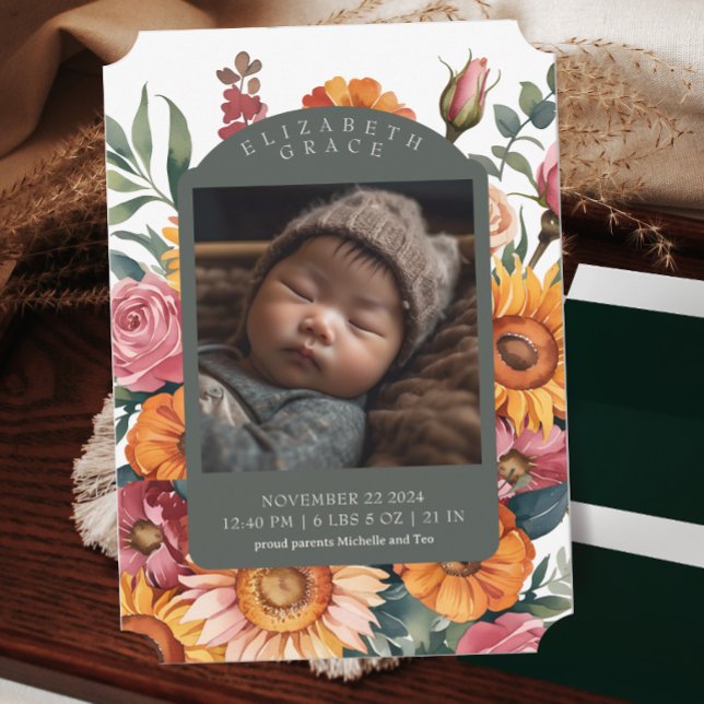 Whimsical Fall Floral Border Birth Announcement (Creator Uploaded)