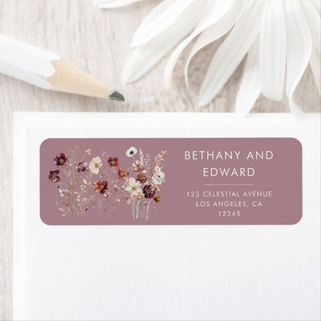 Whimsical Fall Flowers Mauve Wedding Label (Insitu)