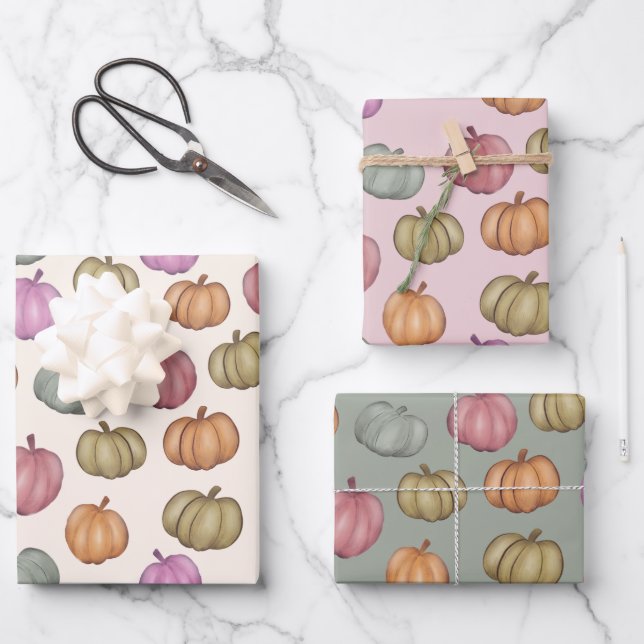 Whimsical Fall  Pastel Pumpkin Pattern Wrapping Paper Sheets (Front)