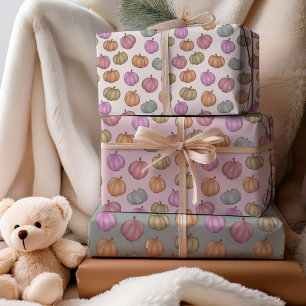 Whimsical Fall  Pastel Pumpkin Pattern Wrapping Paper Sheets