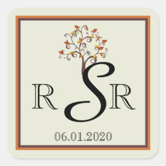 Whimsical Fall Tree Wedding Monogram Square Sticker