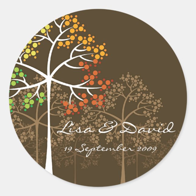 Whimsical Fall Trees Modern Autumn Wedding Sticker (Front)