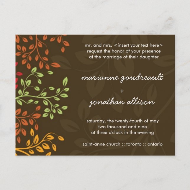 Whimsical  Fall Wedding Invitation Postcard (Front)