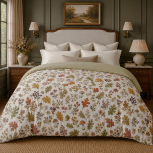 Whimsical Fall Woodland Leaves Mushroom Pattern Duvet Cover