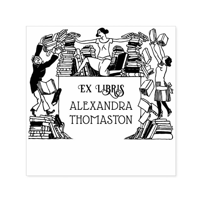 Whimsical Falling Books Ex Libris Library Name Self-inking Stamp (Design)