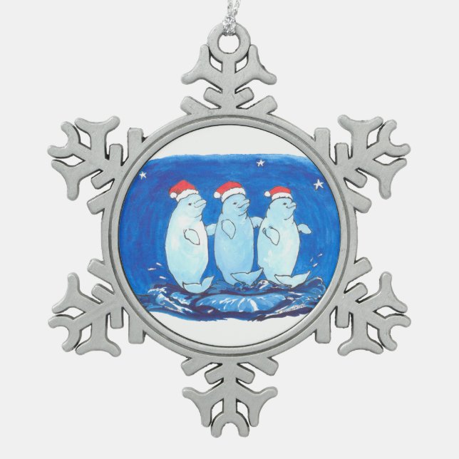 Whimsical Fancy Beluga Whales Trio Christmas Tree Snowflake Pewter Christmas Ornament (Front)