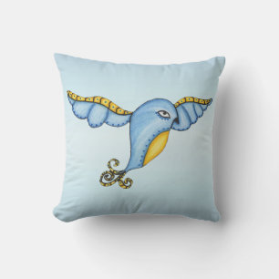 Whimsical Fancy Fantasy Blue Bird Yellow Accents Outdoor Pillow