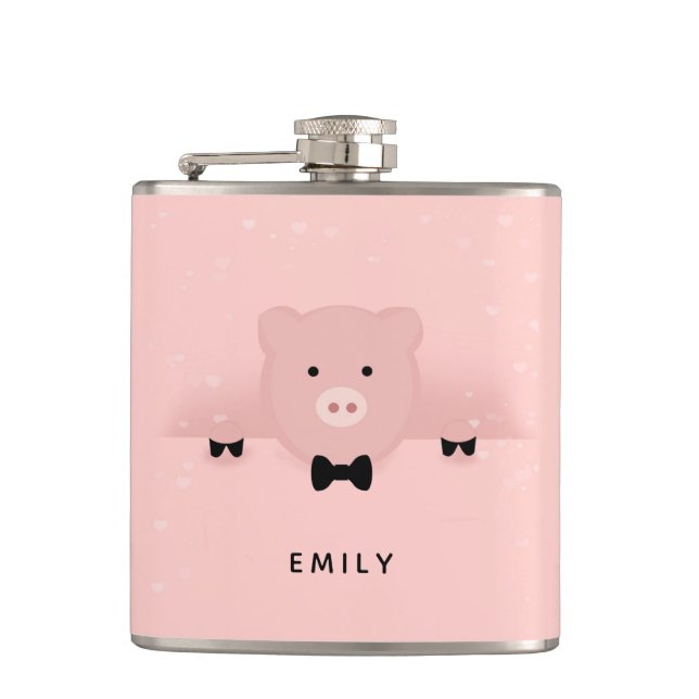 Whimsical & Fancy Pink Pig Cute Farm Animal Flask (Front)
