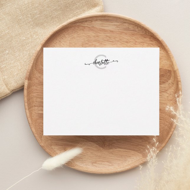 Whimsical Fancy Script Simple Black Monogram Note Card (Creator Uploaded)