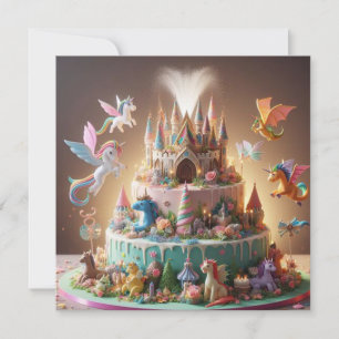WHIMSICAL FANTASTIC UNICORN & CASTLE BIRTHDAY CAKE CARD