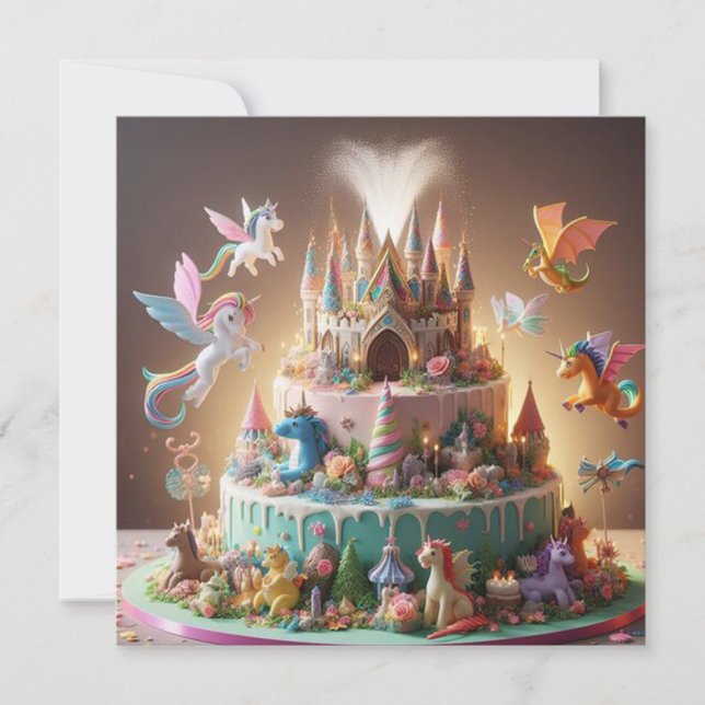 WHIMSICAL FANTASTIC UNICORN & CASTLE BIRTHDAY CAKE CARD (Front)