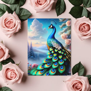 Whimsical Fantasy Art Rose Garden Peacock Postcard
